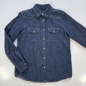 MUJI Dark Denim Snap Western Shirt‎ 100% Cotton Womens Medium Classic Jean Top